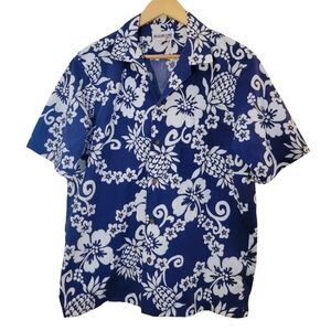 Vintage Aloha Line Hawaiian Shirt Mens M Navy White Floral Hawaii Beach Travel